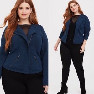 Torrid Teal Blue Studio Double Knit Zip Moto Blazer Jacket Long Sleeve Plus 2X